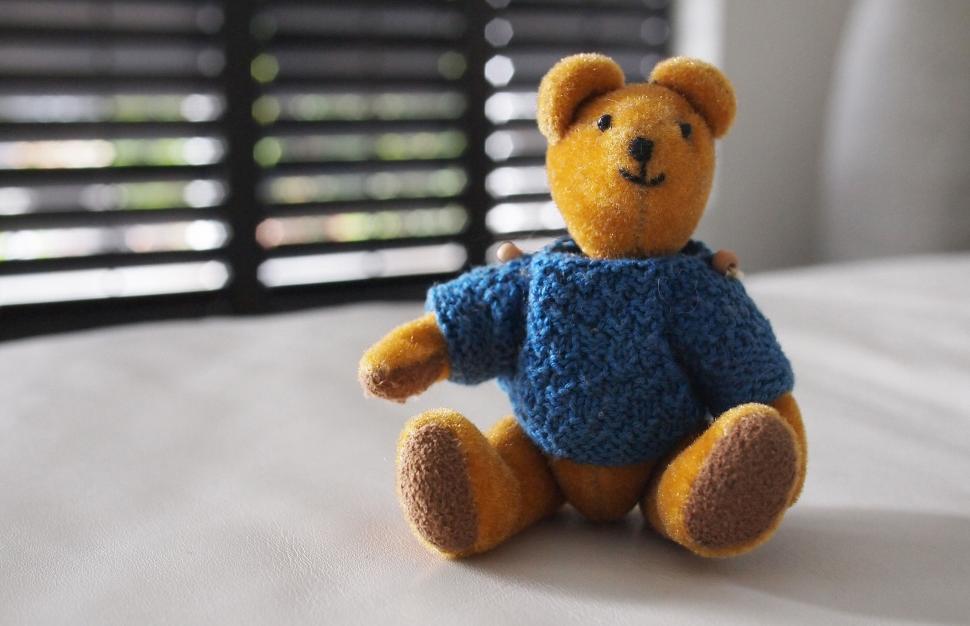 Free Image of Teddy bear in blue sweater sitting down 