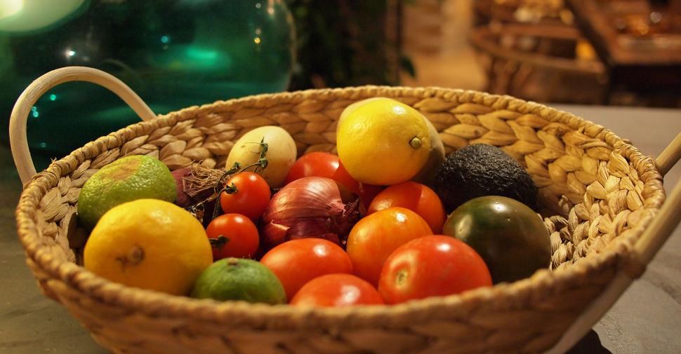 Free Image of Colorful assorted fruits in a wicker basket 
