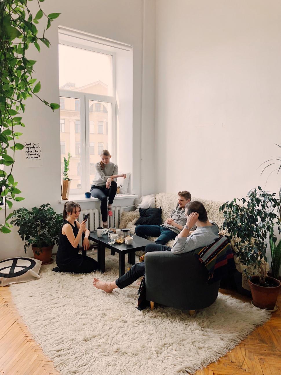 Free Image of Cozy living room scene with four friends 
