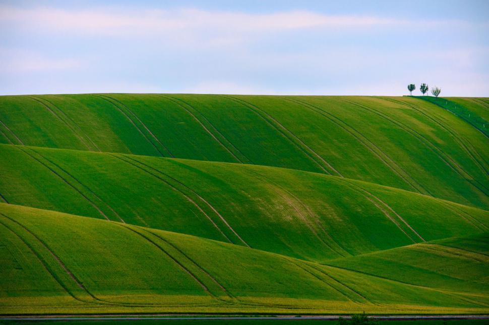 Free Image of Rolling green hills under a clouded sky 