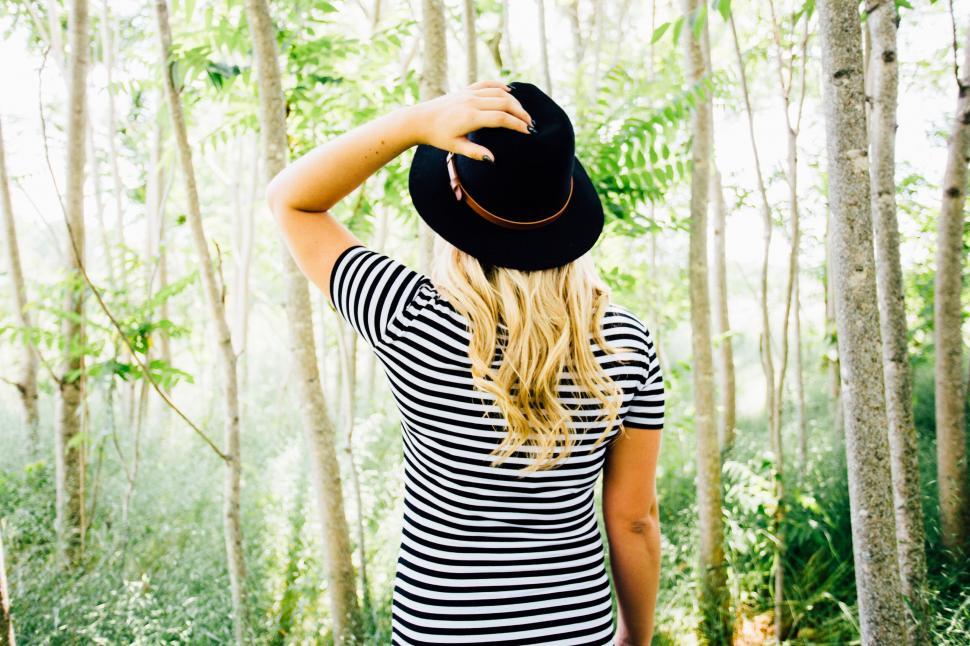 Free Image of Woman in a hat facing away in forest 