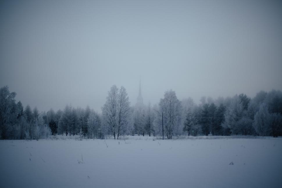 Free Image of Misty winter scene with a distant church 