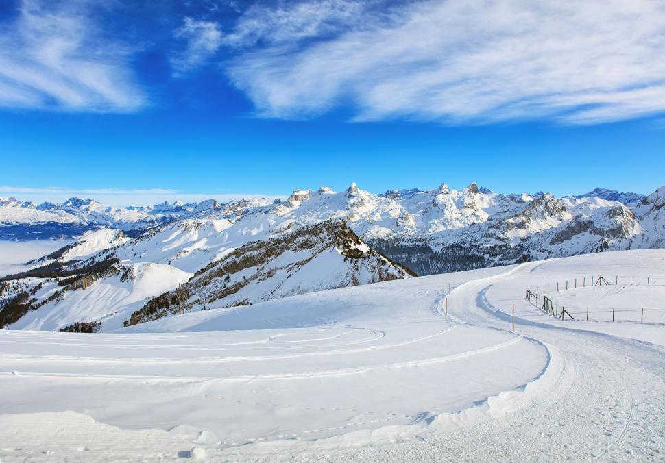 Free Image of Breath-taking alpine winter landscape with clear blue sky 
