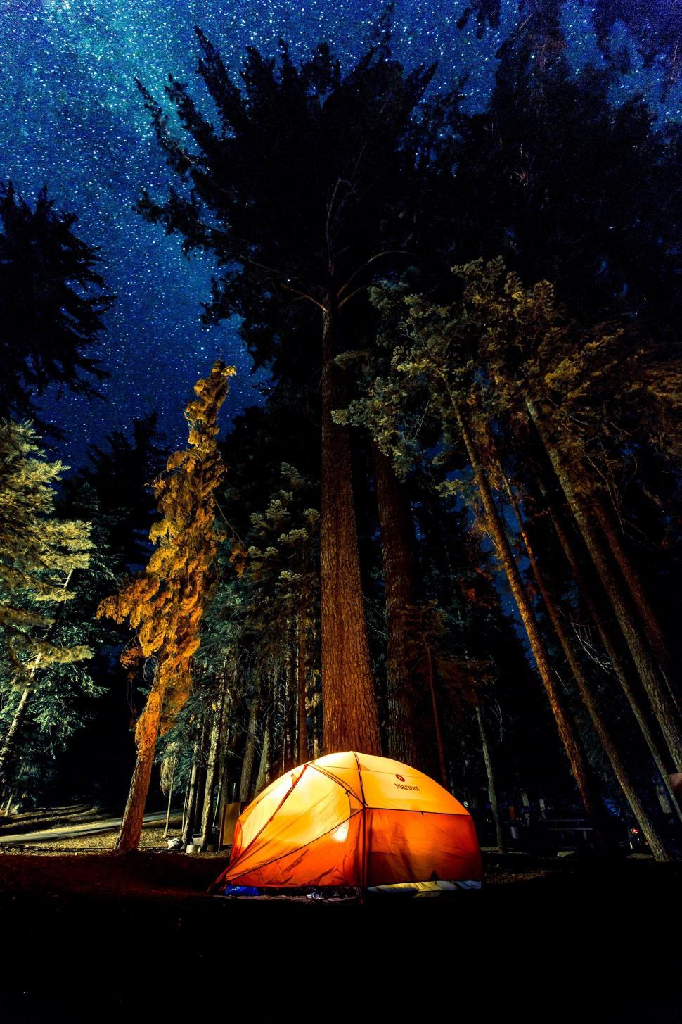 Free Image of Illuminated tent under starry night sky 