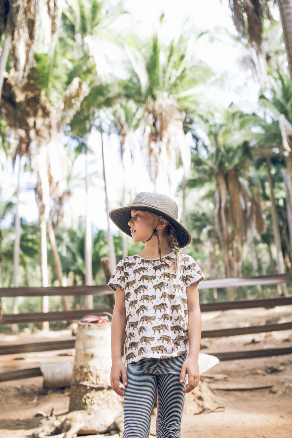Free Image of Girl with hat standing among palm trees 