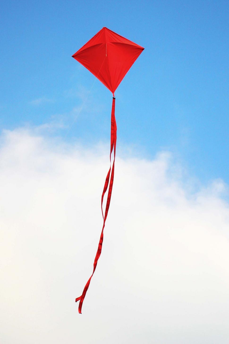 Free Image of kites flying tail clouds blue sky red windy toys 