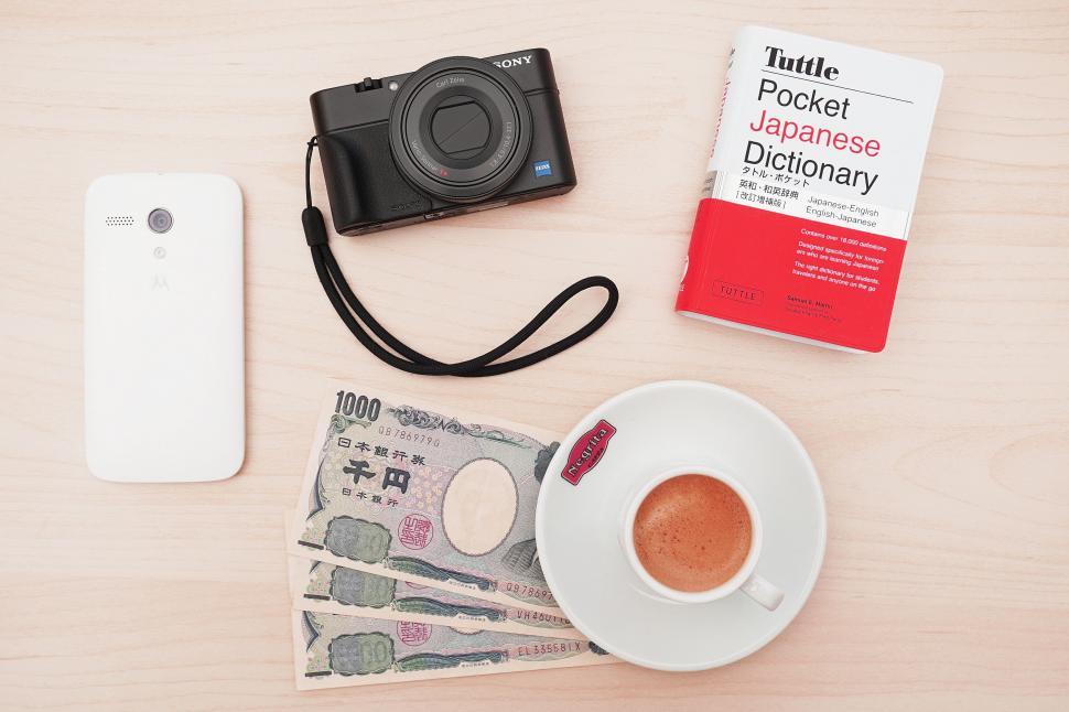 Free Image of Travel essentials flat lay with camera 