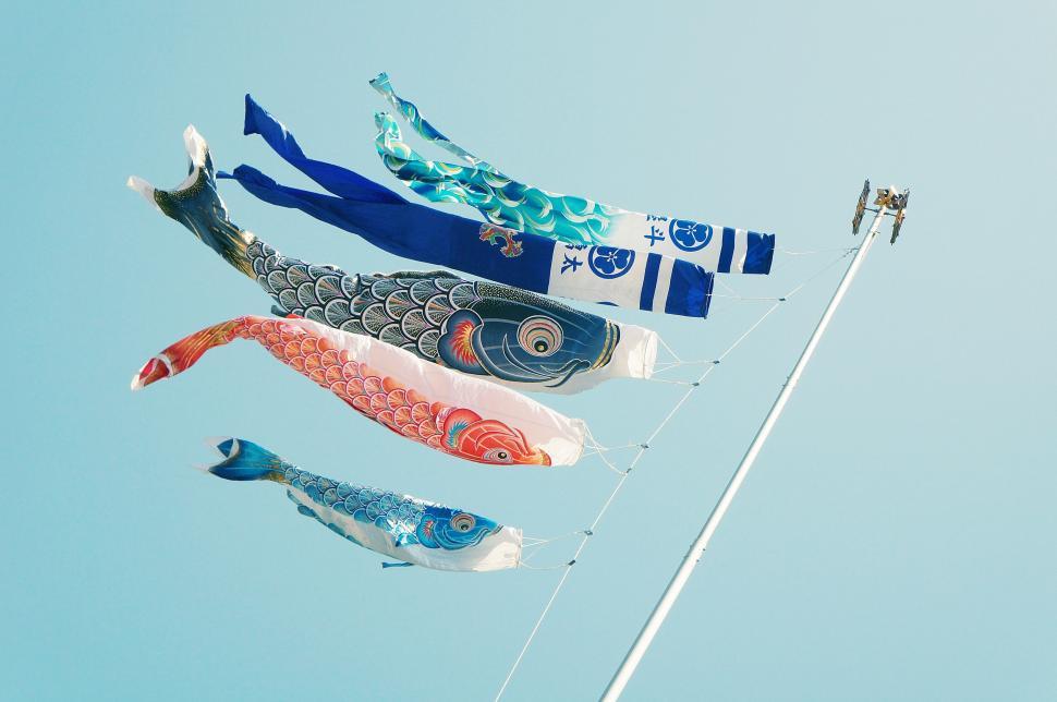 Free Image of Japanese koinobori flags flying in blue sky 