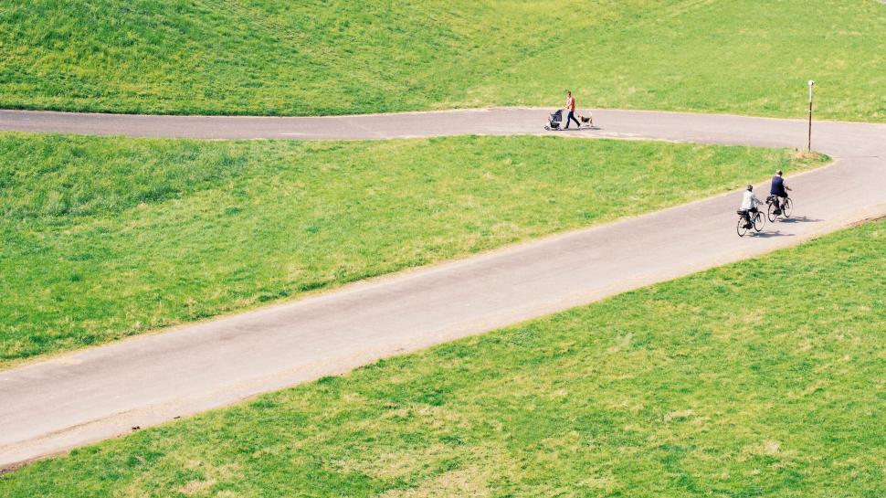 Free Image of Two cyclists on a winding park path 