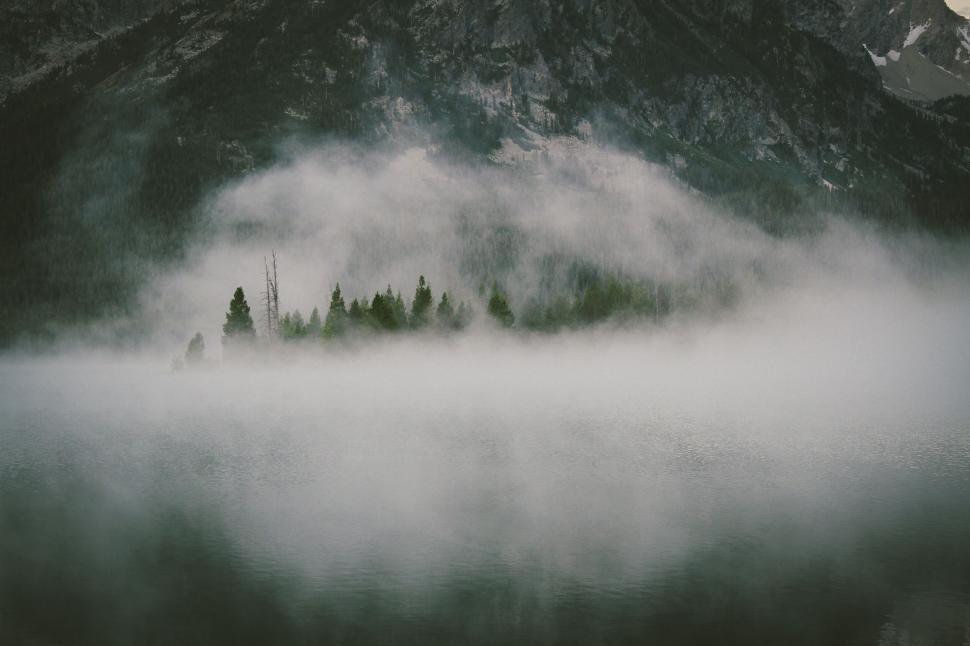 Free Image of Misty lake with pine trees and mountain backdrop 