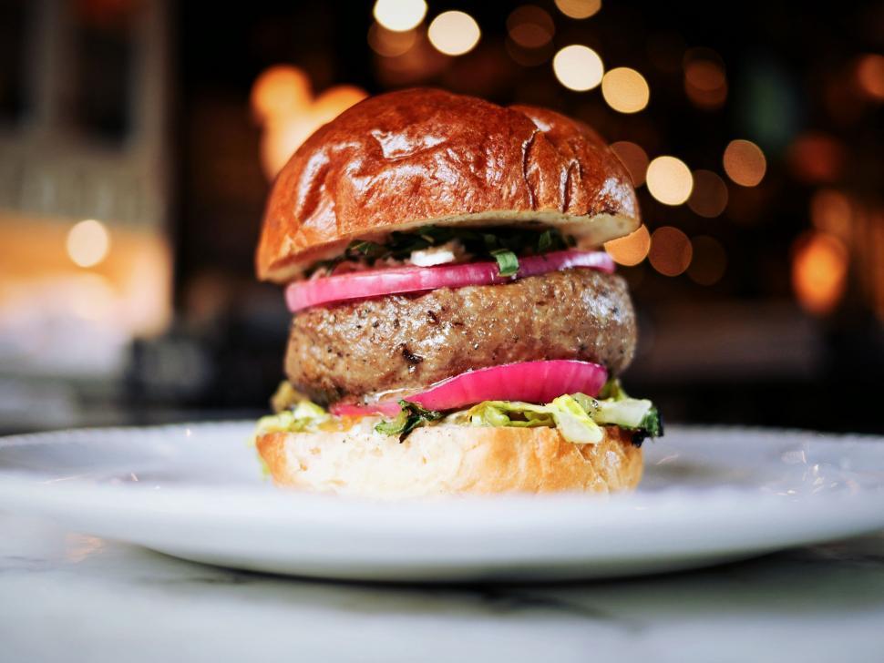 Free Image of Juicy gourmet burger on a plate 