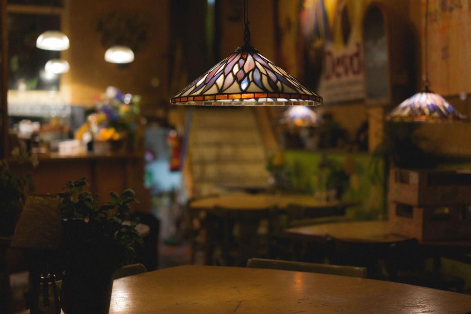 Free Image of Cozy restaurant interior with Tiffany lamps 