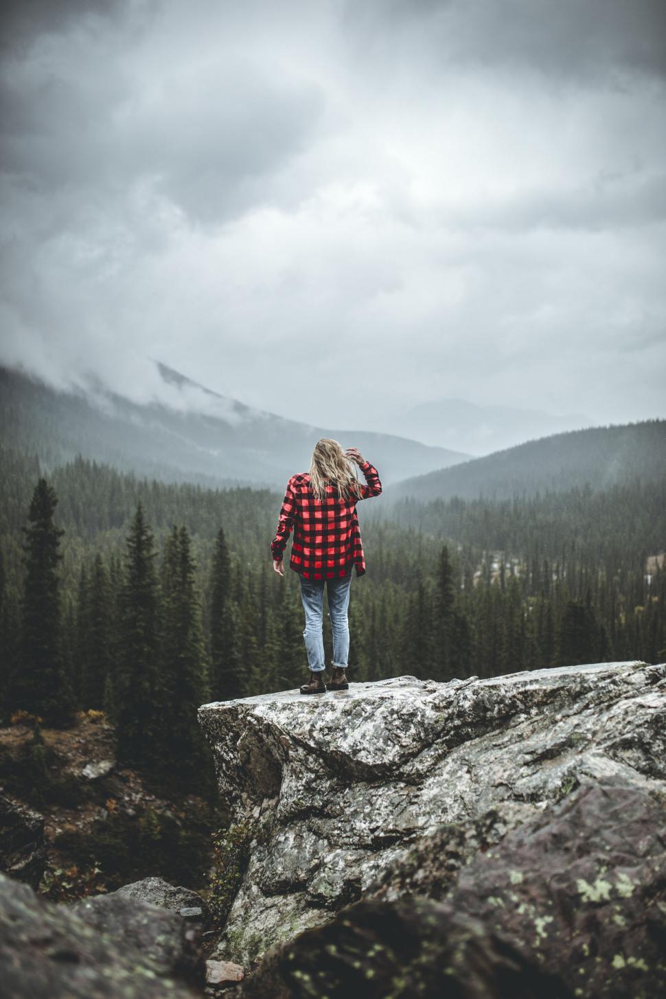 Free Image of Person gazing at foggy forest landscape 