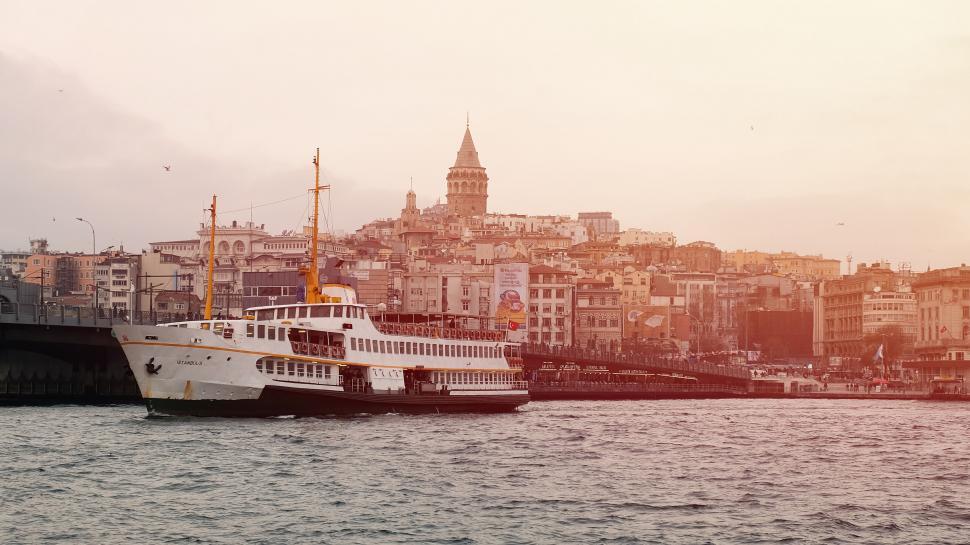 Free Image of Historic waterfront with Galata Tower and ferry 