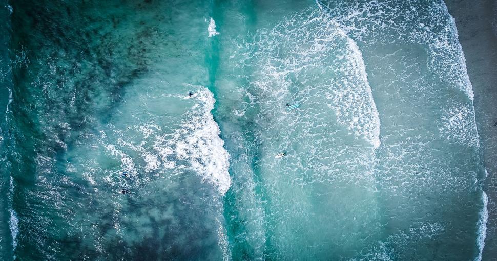 Free Image of Top view of surfers riding turquoise waves 