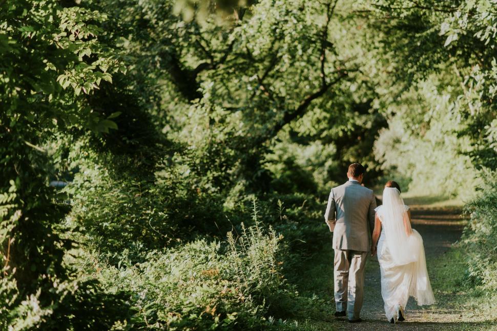 Free Image of Wedding couple walking down forest path 