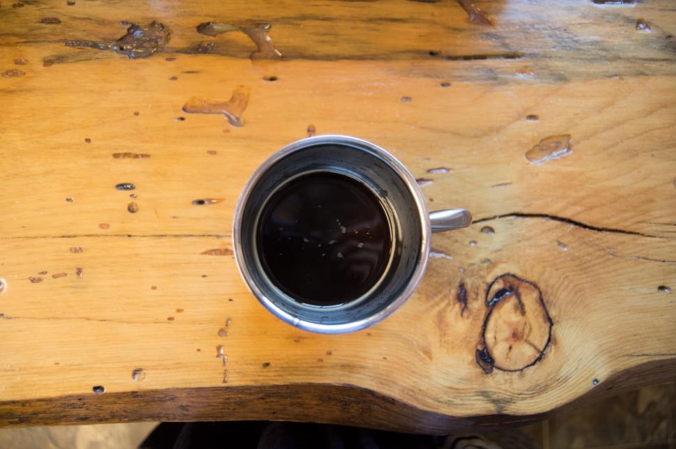 Free Image of Overhead view of coffee on wood table 