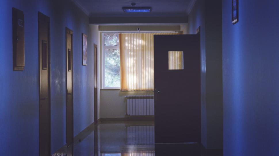 Free Image of Corridor with doors and warm light from window 