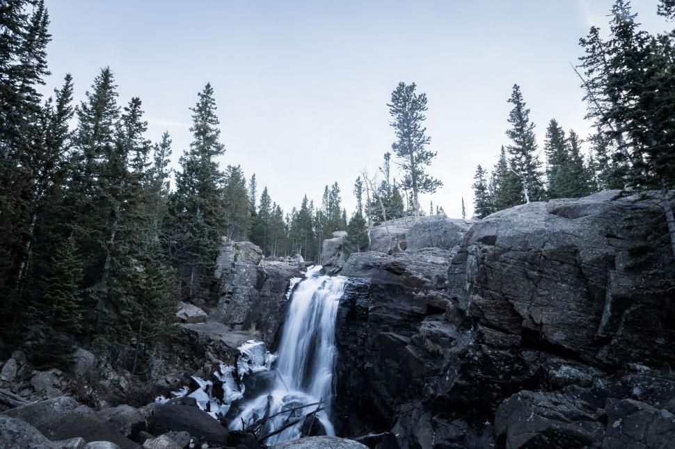 Free Image of Waterfall in a forest at dusk 