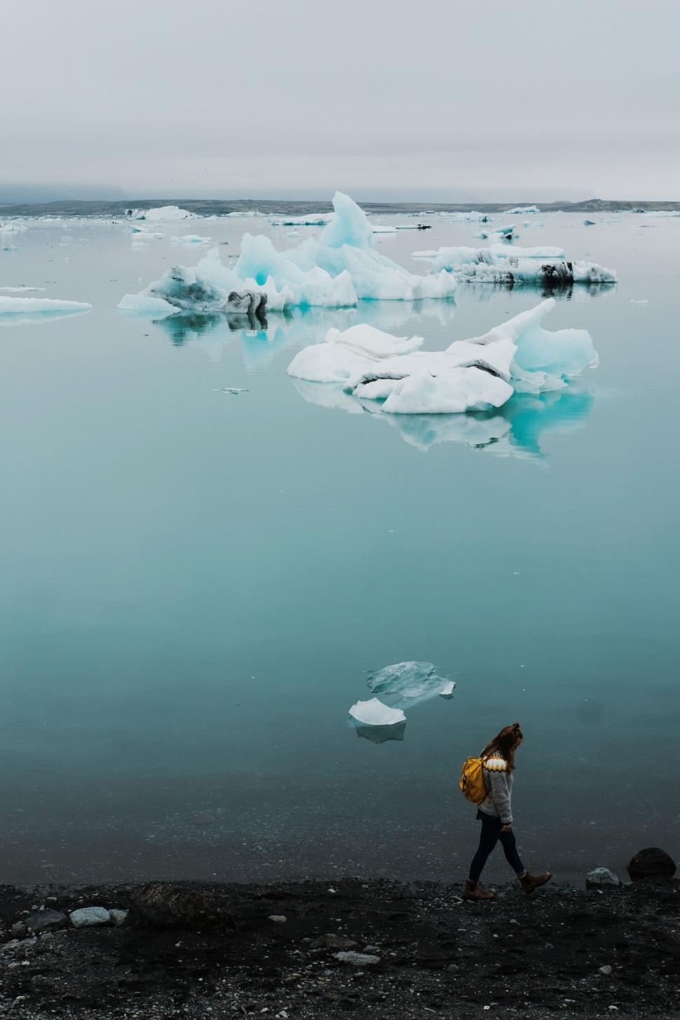 Free Image of Woman by a glacial lagoon with icebergs 