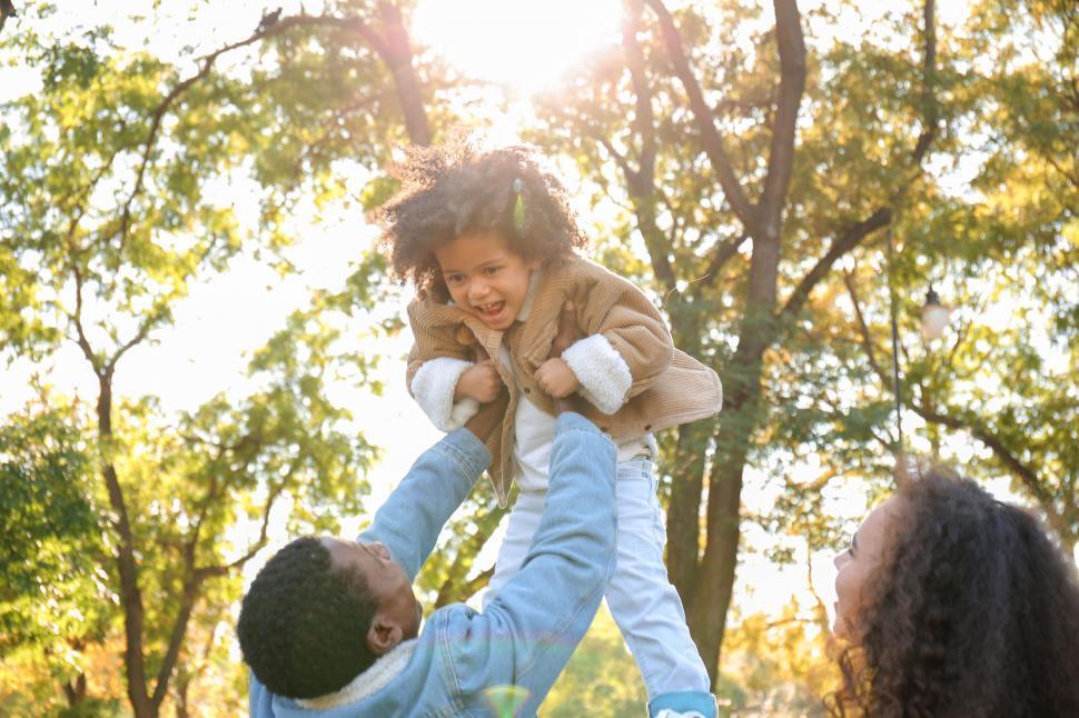 Free Image of Child lifted in air by parents outdoors 