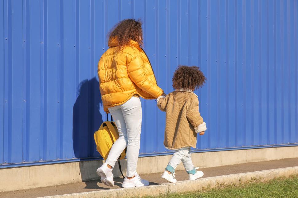 Free Image of Mother walking with daughter in urban setting 