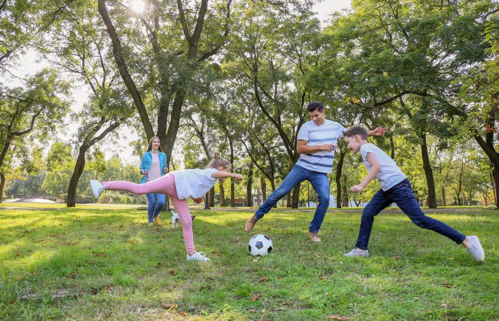 Free Image of Family playing soccer in sunny park 