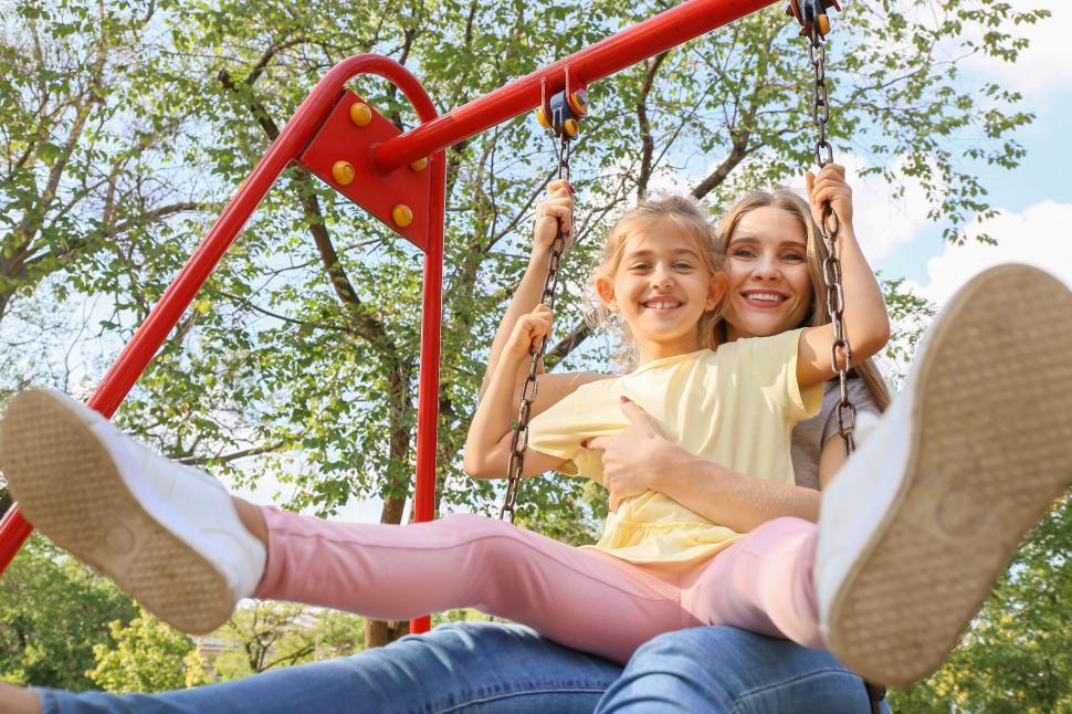 Free Image of Mother and daughter swinging towards camera 