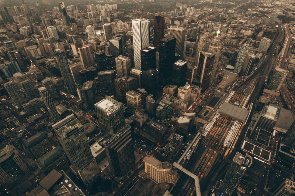 Free Image of Aerial view of a bustling cityscape at dusk 