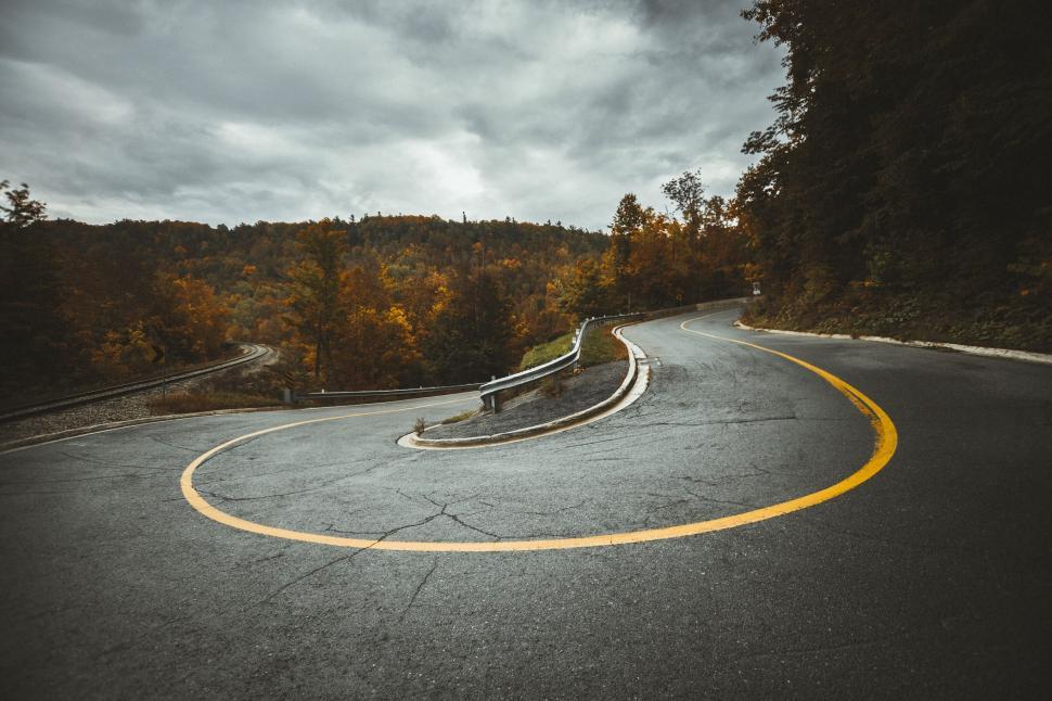 Free Image of Curved road winding through autumnal forest 