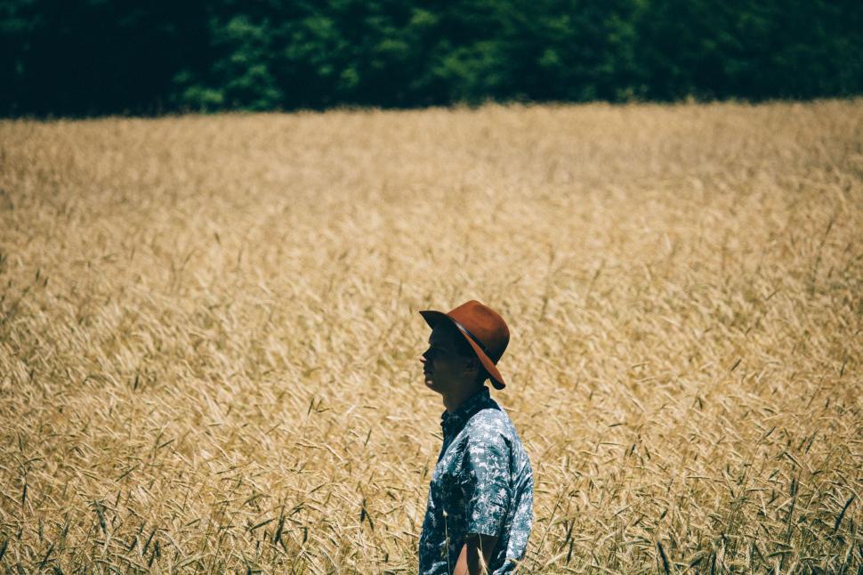 Free Image of Man standing in a wheat field looking away 