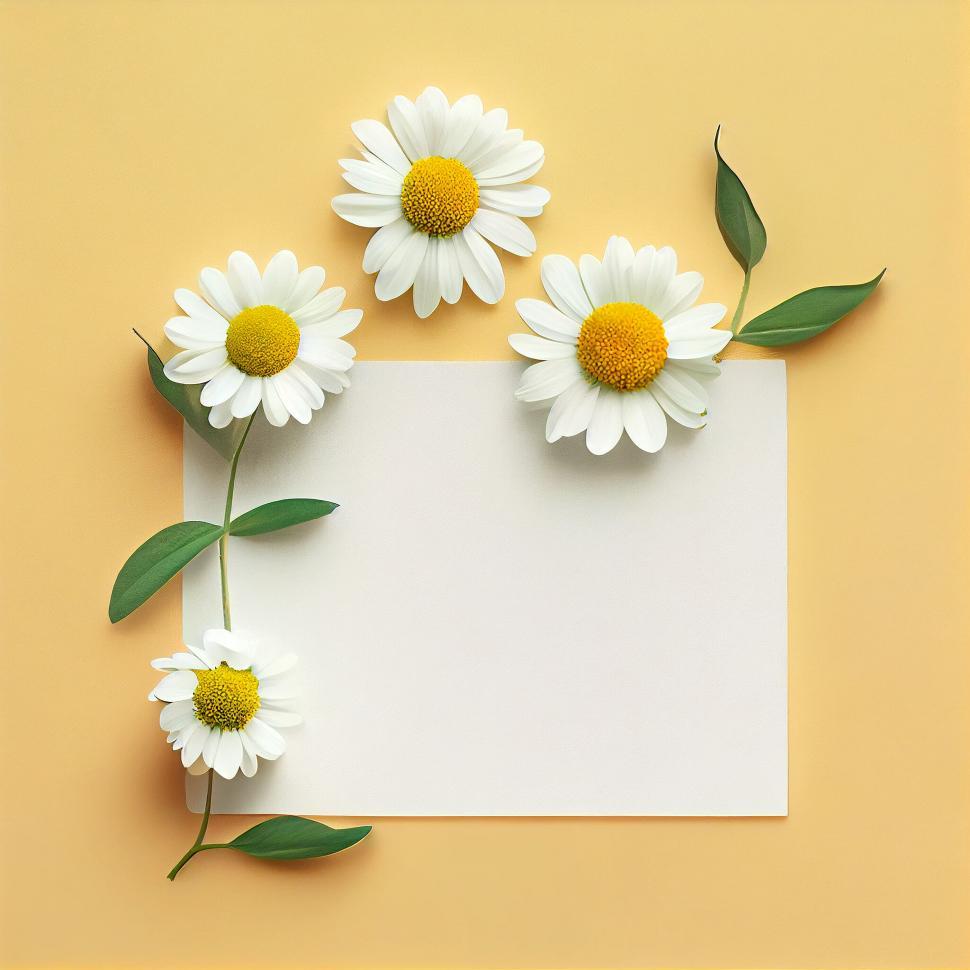 Free Image of White daisies on a blank card with a yellow backdrop 