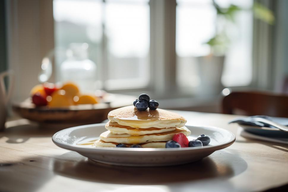 Free Image of Fresh pancakes with blueberries on table 