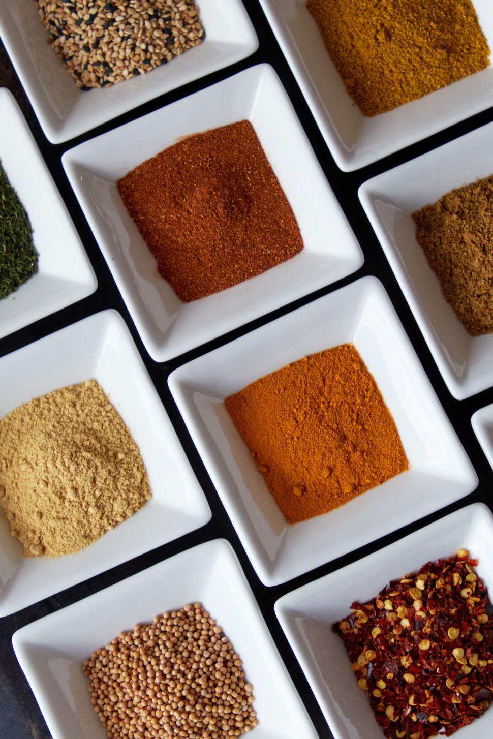 Free Image of Assorted spices in white square bowls 