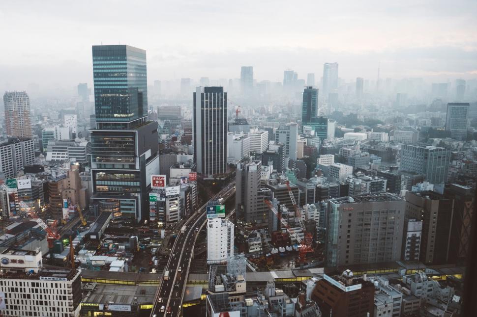 Free Image of Aerial view of dense Tokyo cityscape at dusk 