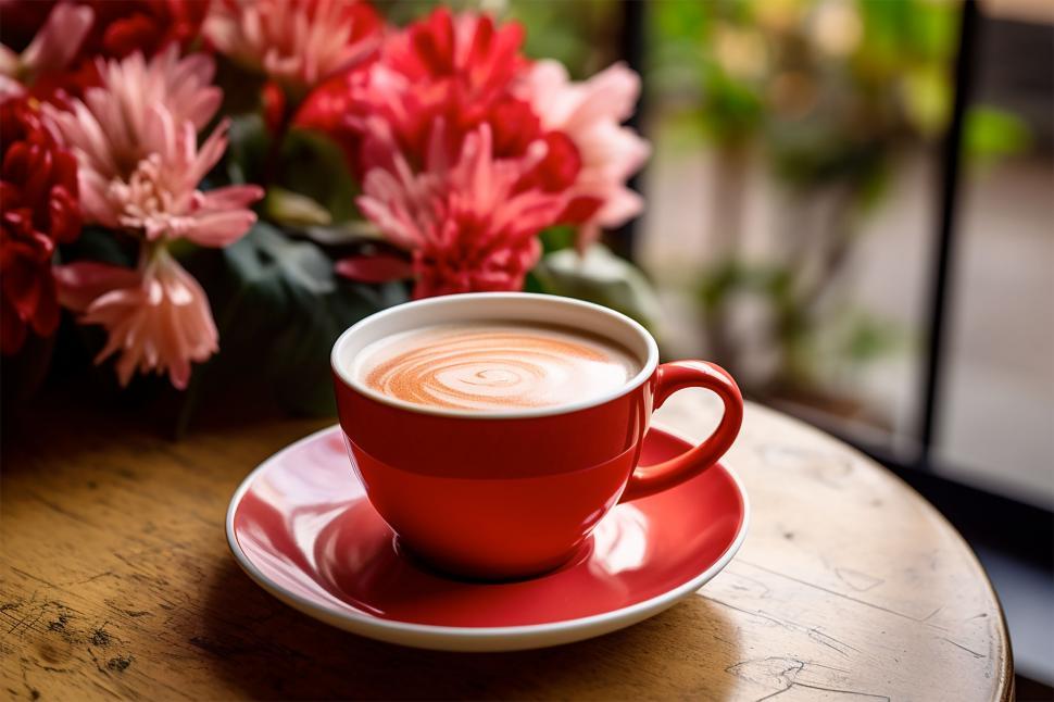 Free Image of Red coffee cup with heart latte art design 