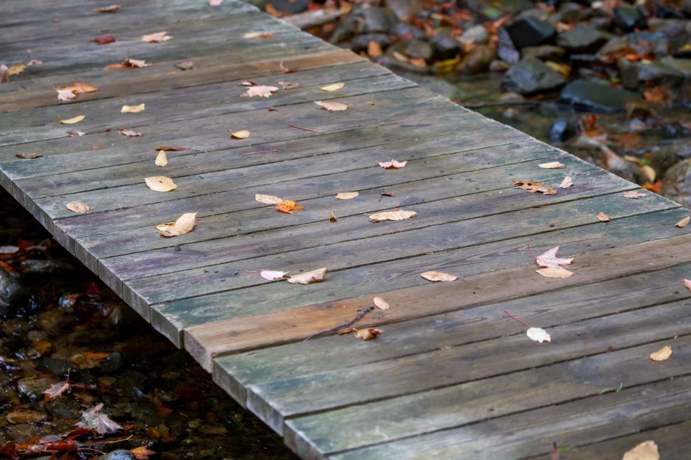 Free Image of Wooden bridge with autumn leaves over a creek 