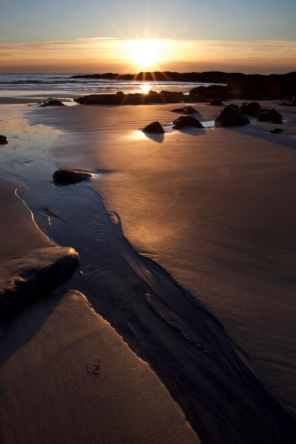 Free Image of Sunset beach with reflective sands 