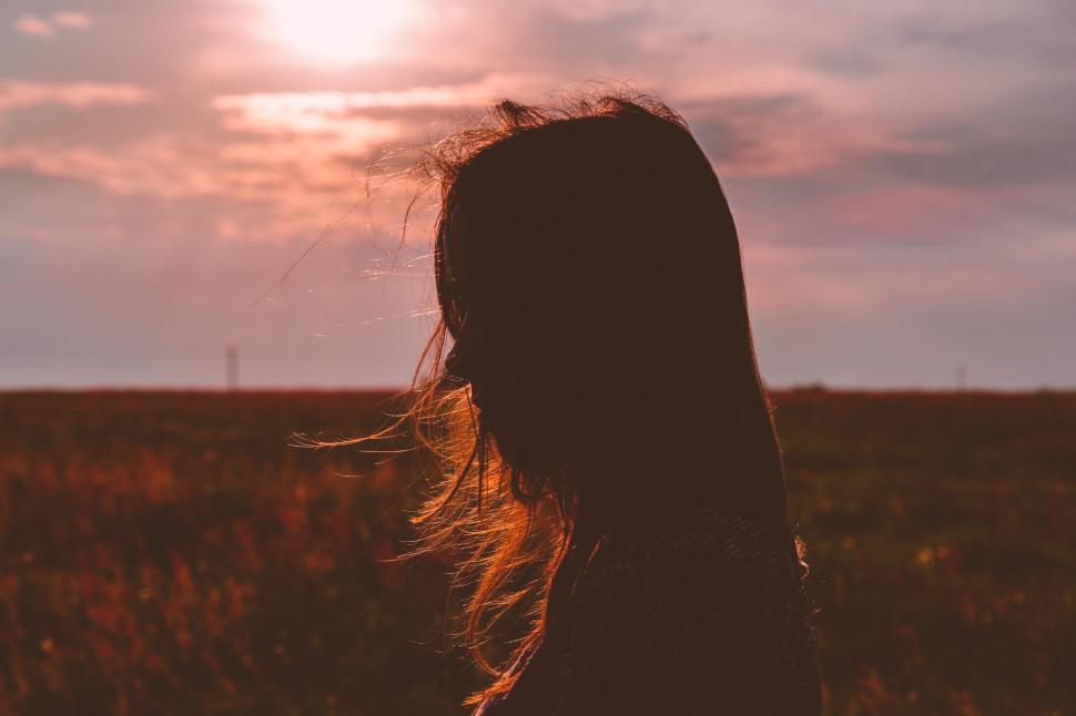 Free Image of Silhouette of woman with hair blowing at sunset 