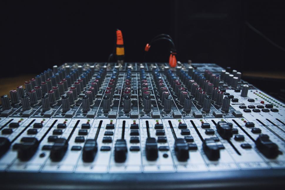 Free Image of Sound mixing board in a studio setting 