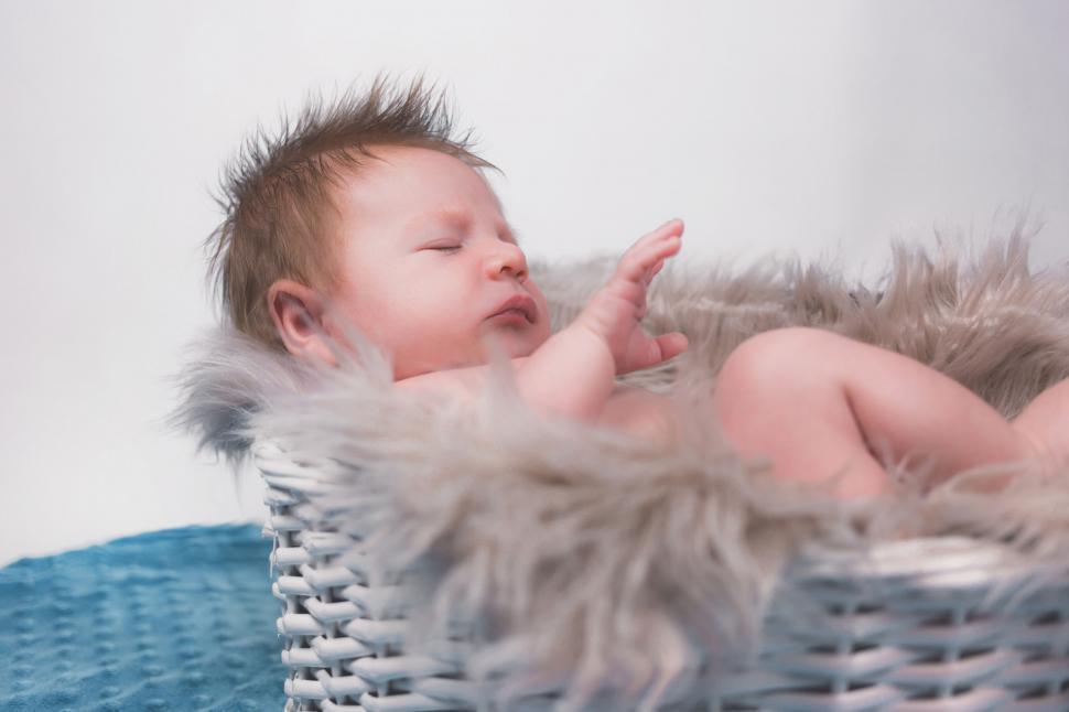Free Image of Newborn baby sleeping in a woven basket 
