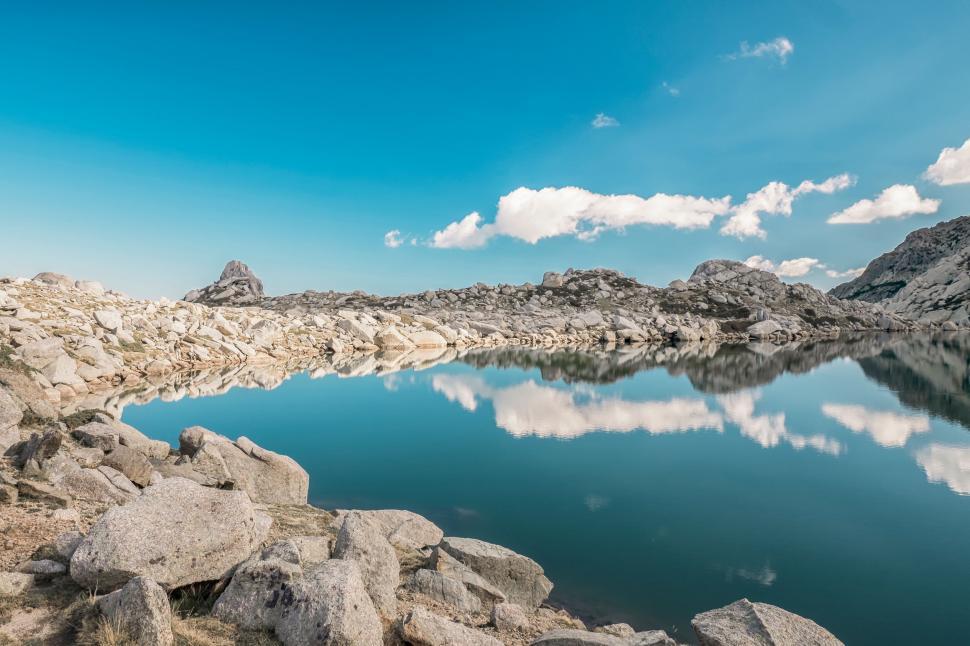 Free Image of Tranquil mountain lake with a clear blue sky 