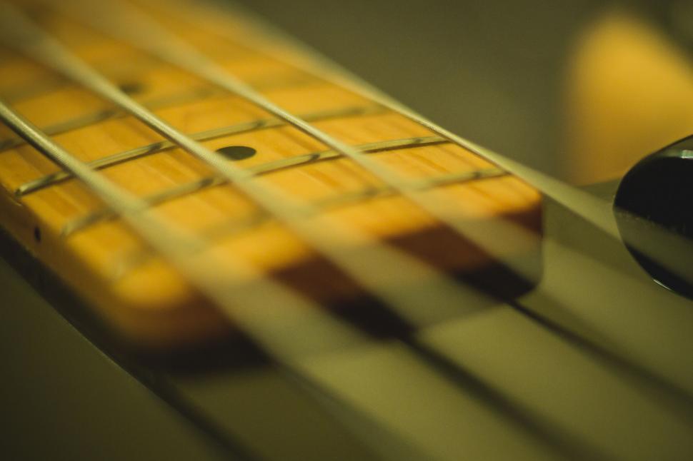 Free Image of Intimate shot of electric bass guitar fretboard 