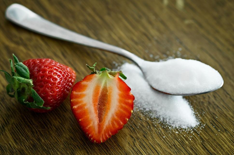 Free Image of Strawberry Halves and Spoon with Sugar 