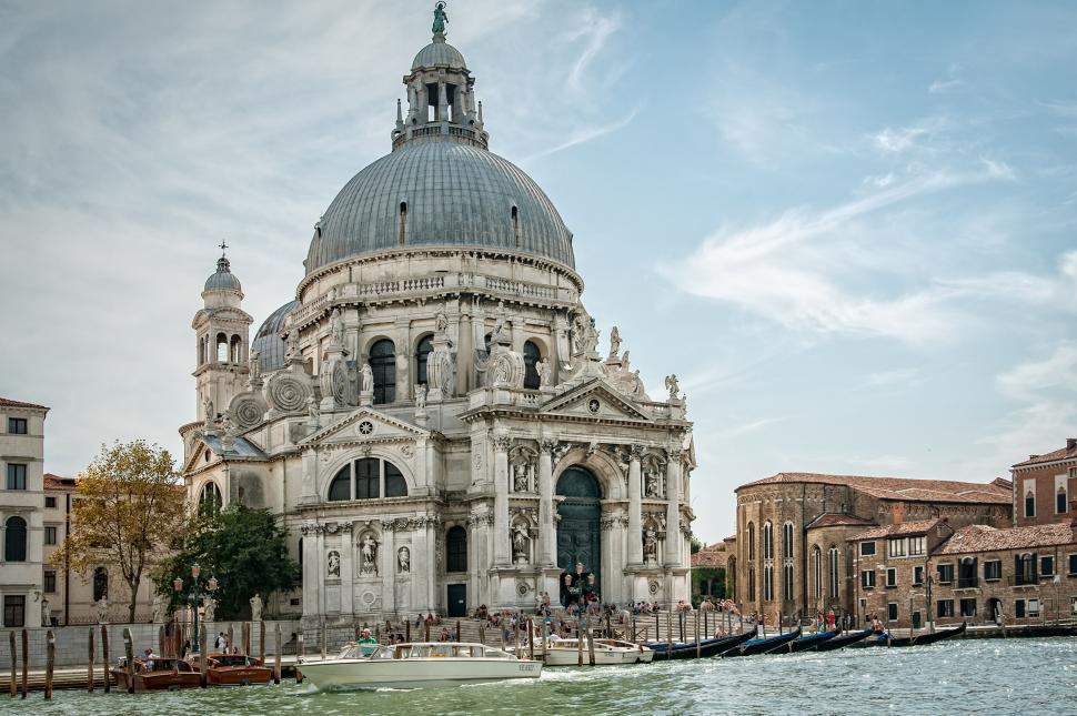 Free Image of Venetian Basilica and Canal Scene with Boats 
