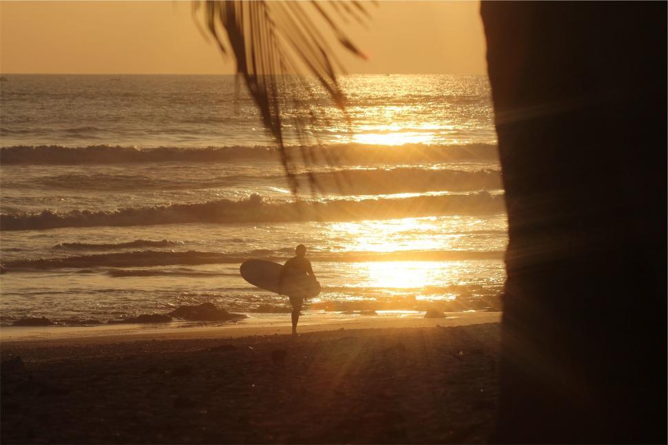Free Image of Serene beach sunset with single surfer 