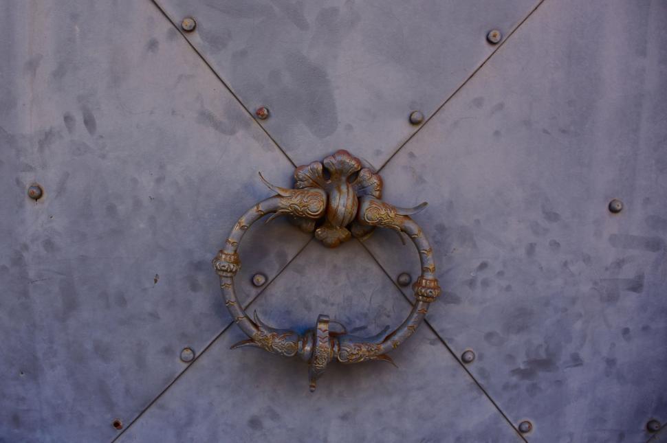 Free Image of Elegant metal door knocker on an ornate door 