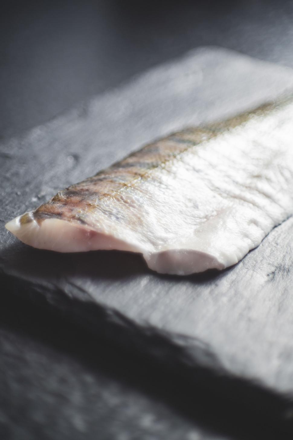 Free Image of Raw fish filet on a dark slate surface 