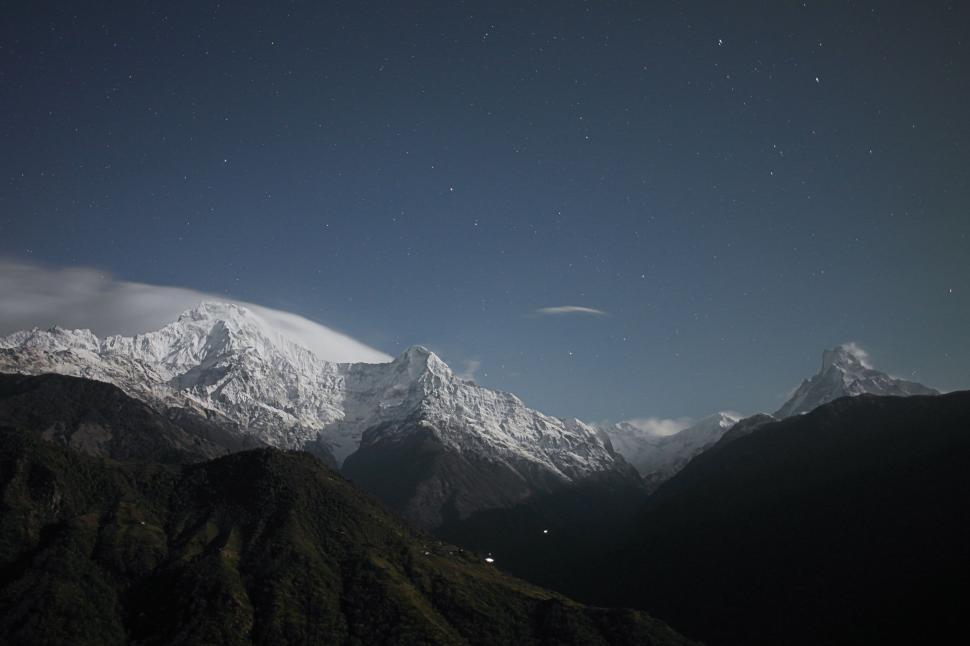 Free Image of Starry night sky over snow-capped mountains 