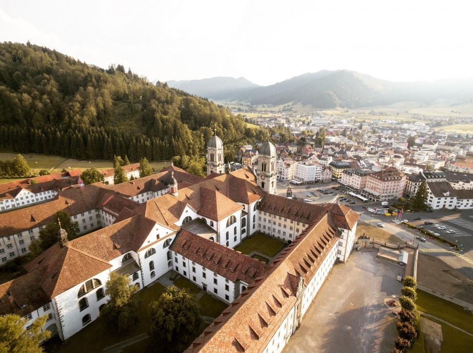 Free Image of Aerial shot of historic monastery and town 
